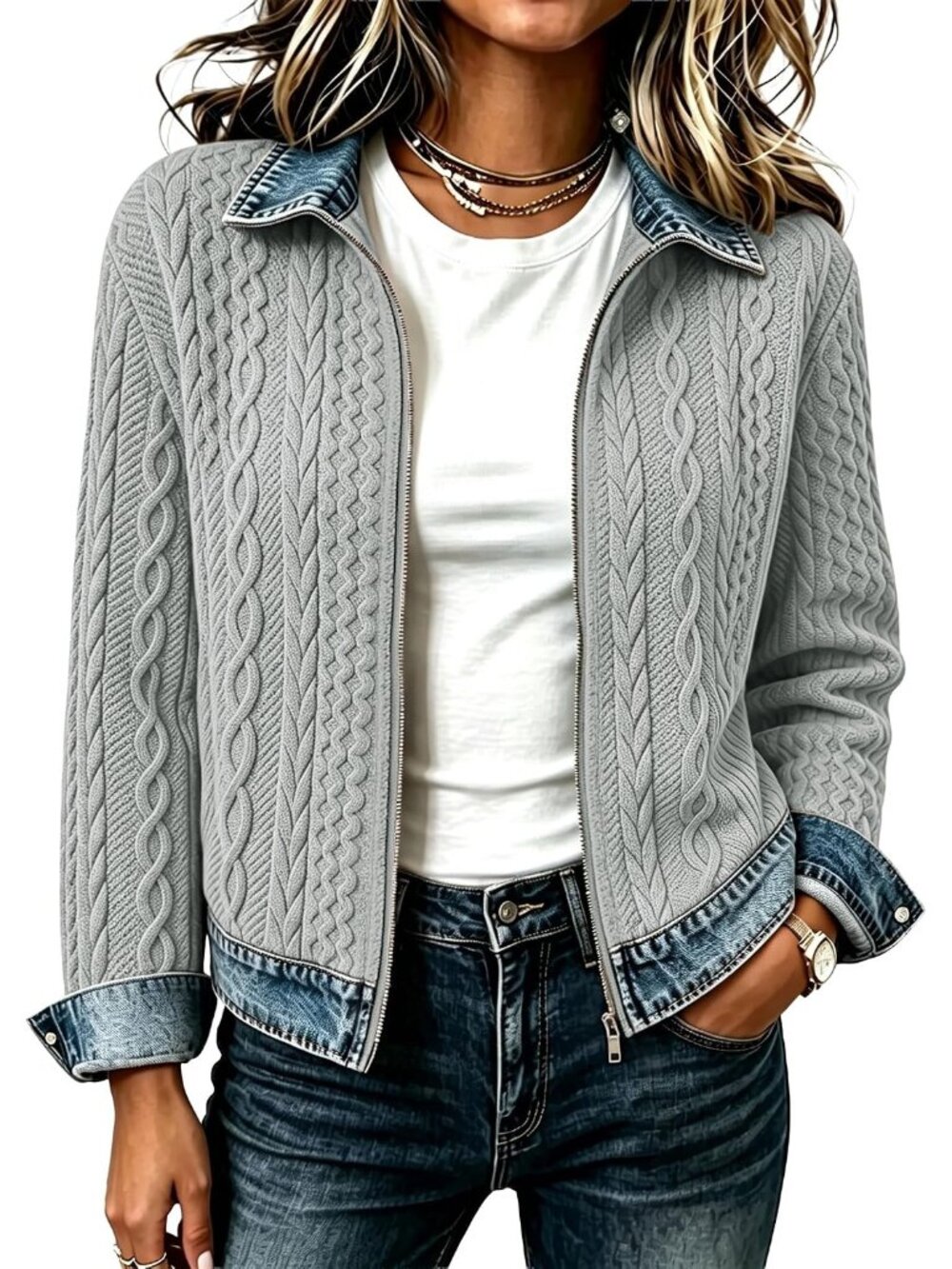Women's Grey Shacket Cropped Jean Denim Bomber Jackets Coat Tops Zip Up